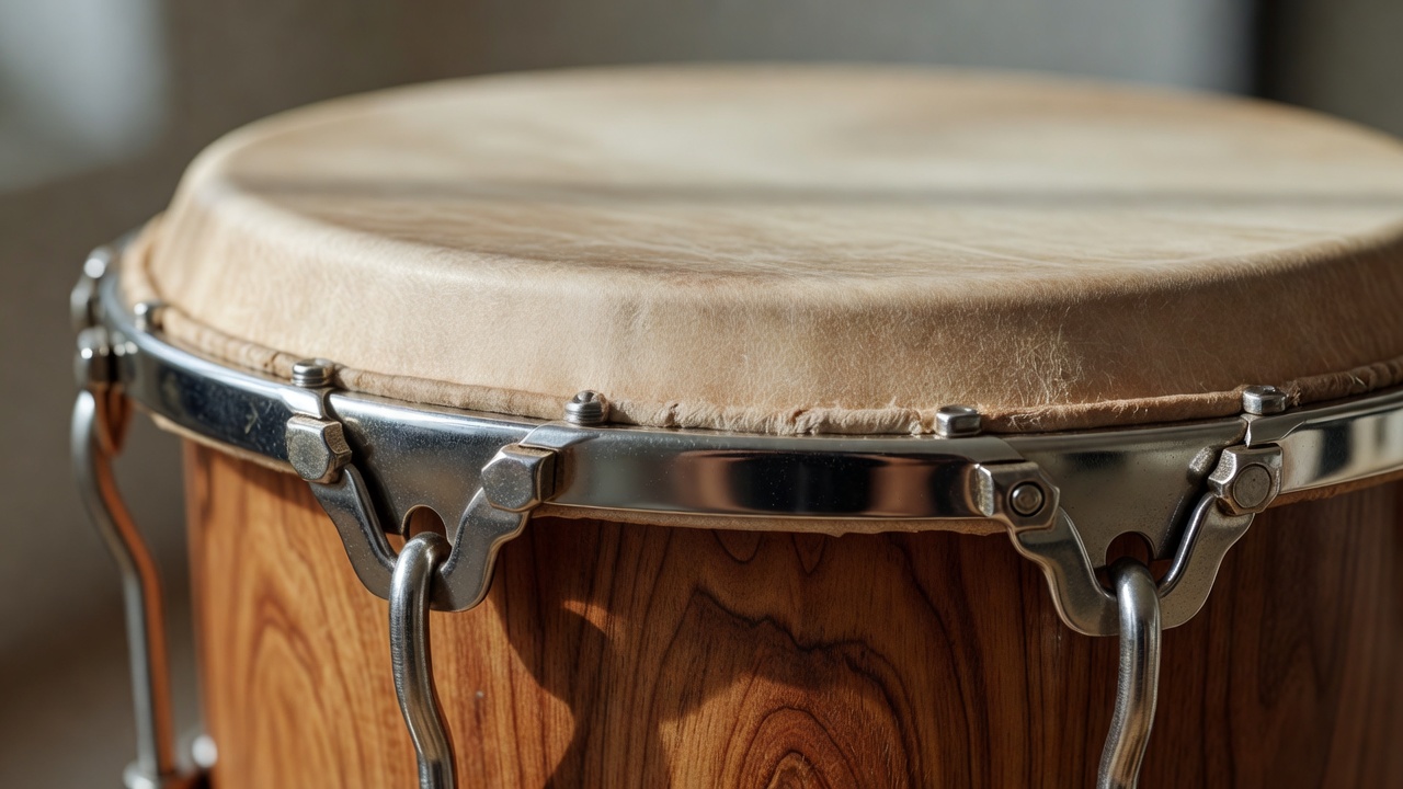 Close view of a bongo rim, natural drumhead edge and tension hardware