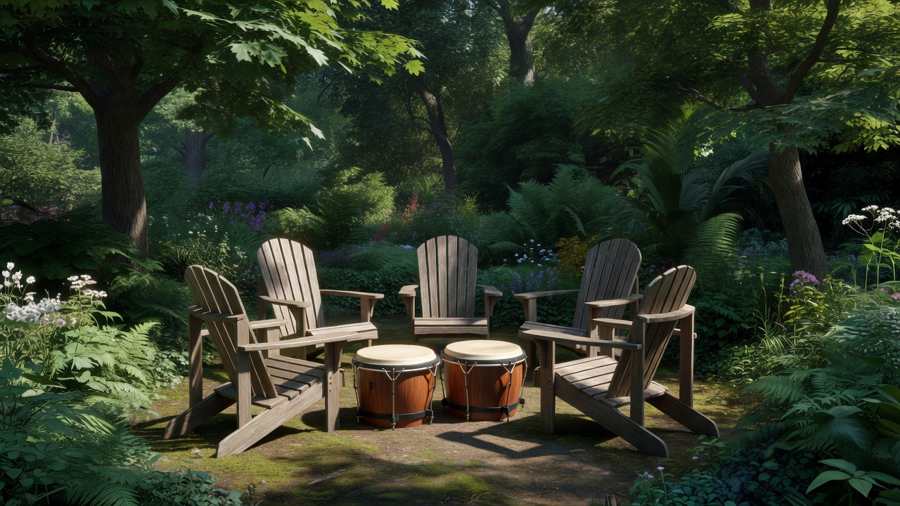 Bongos beside a small circle of stable chairs in a shaded garden