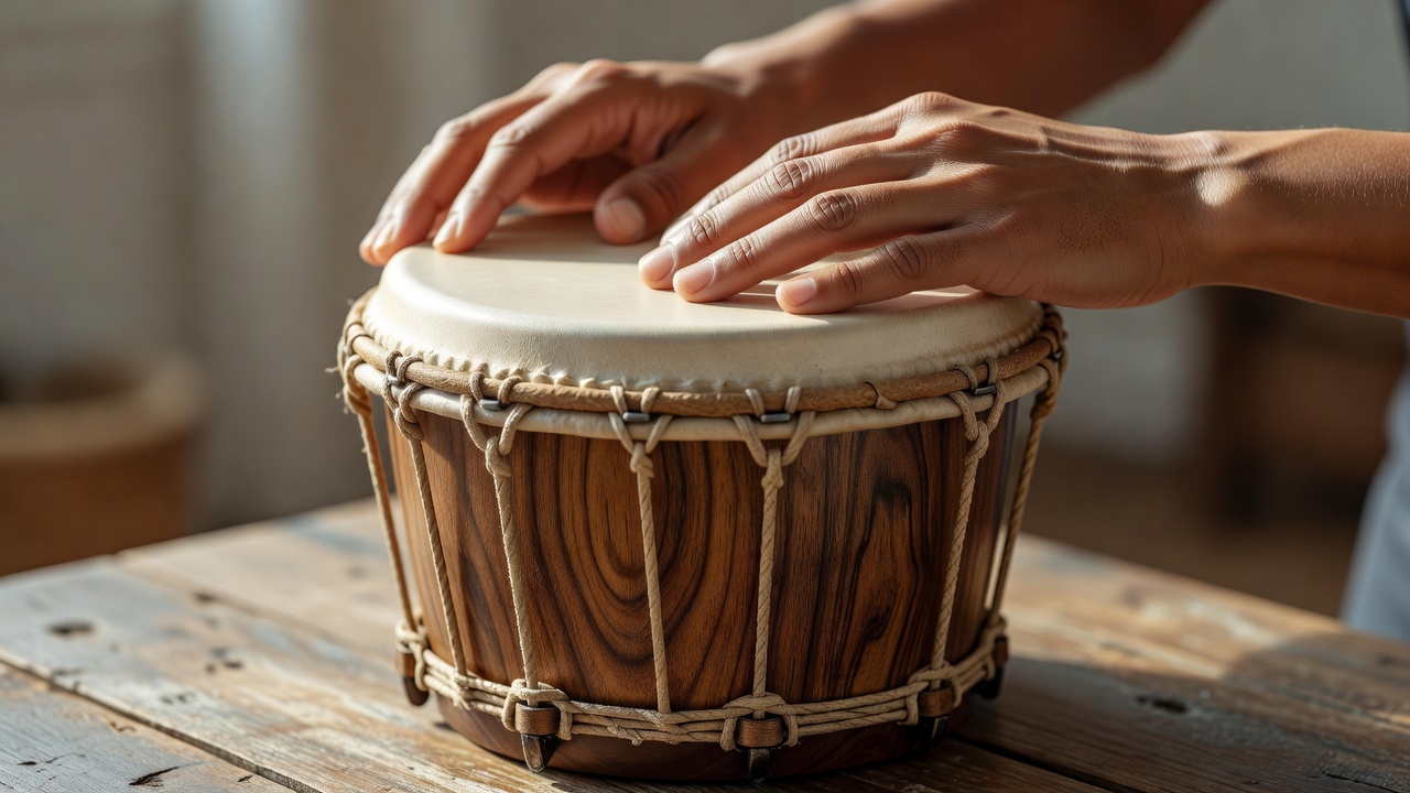 Relaxed fingers resting just inside the rim of a bongo drumhead